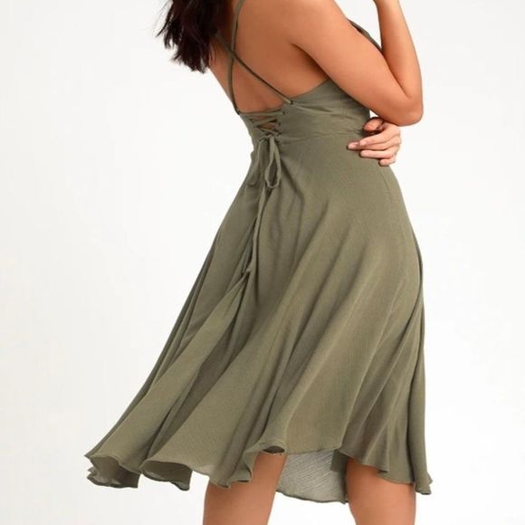 Lulus Dresses & Skirts - Lulus Olive Green Lace Up Midi Skater Dress SZ S